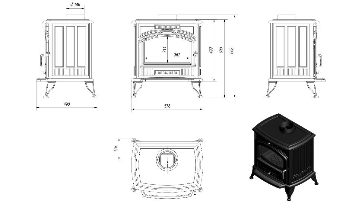 Размеры печи Kratki Koza K6 150